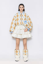 RAXXY COLORFUL DIAMOND PATTERN LANTERN SLEEVE GOOSE DOWN JACKET