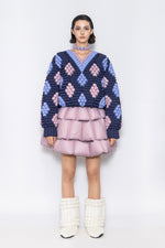 RAXXY FIREWORKS QUILTED CHECK PATTERN V-NECK GOOSE DOWN SWEATER