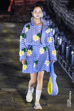 5-DIMENSIONAL TEXTURED BLUE WOVEN FLORAL GOOSE DOWN LAPEL JACKET