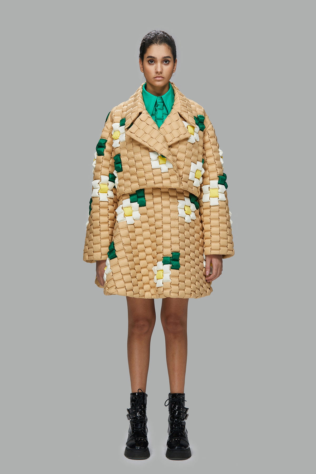 WOVEN TEXTURE FLOWER PATTERN DOWN JACKET