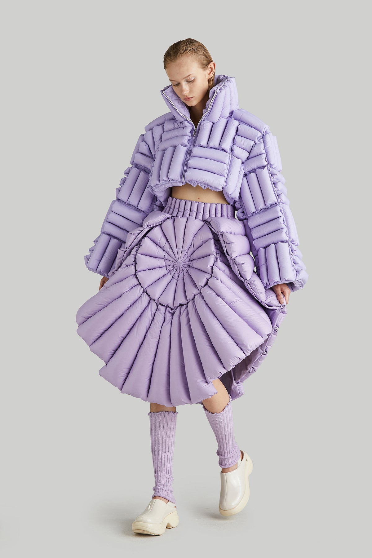 HORIZONTAL CHECKERBOARD GOOSE DOWN JACKET