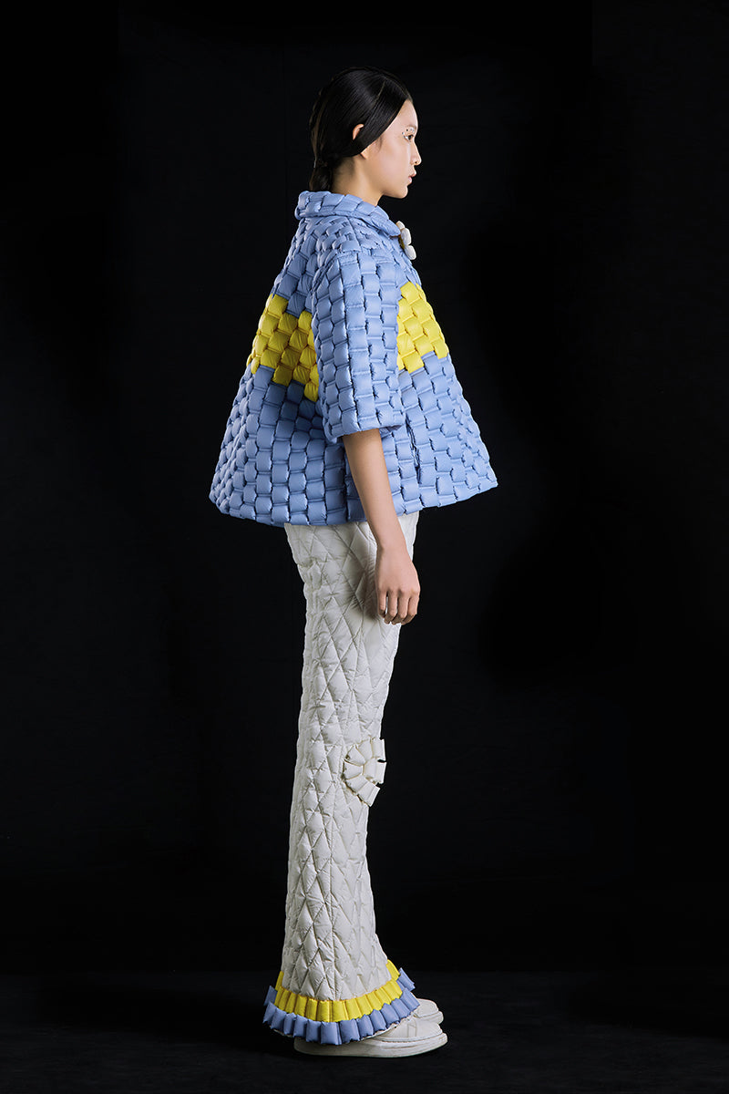 5-DIMENSIONAL GREAT WALL PATTERN PROFILE STITCHING COLOR GOOSE DOWN SHORT-SLEEVED LAPEL SHIRT