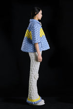 5-DIMENSIONAL GREAT WALL PATTERN PROFILE STITCHING COLOR GOOSE DOWN SHORT-SLEEVED LAPEL SHIRT