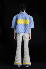 5-DIMENSIONAL GREAT WALL PATTERN PROFILE STITCHING COLOR GOOSE DOWN SHORT-SLEEVED LAPEL SHIRT