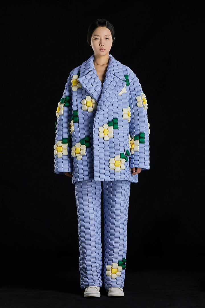 5-DIMENSIONAL TEXTURED BLUE WOVEN FLORAL GOOSE DOWN PARKA