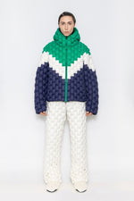 RAXXY TRICOLOR PATCHWORK TEXTURE HOODED GOOSE DOWN JACKET