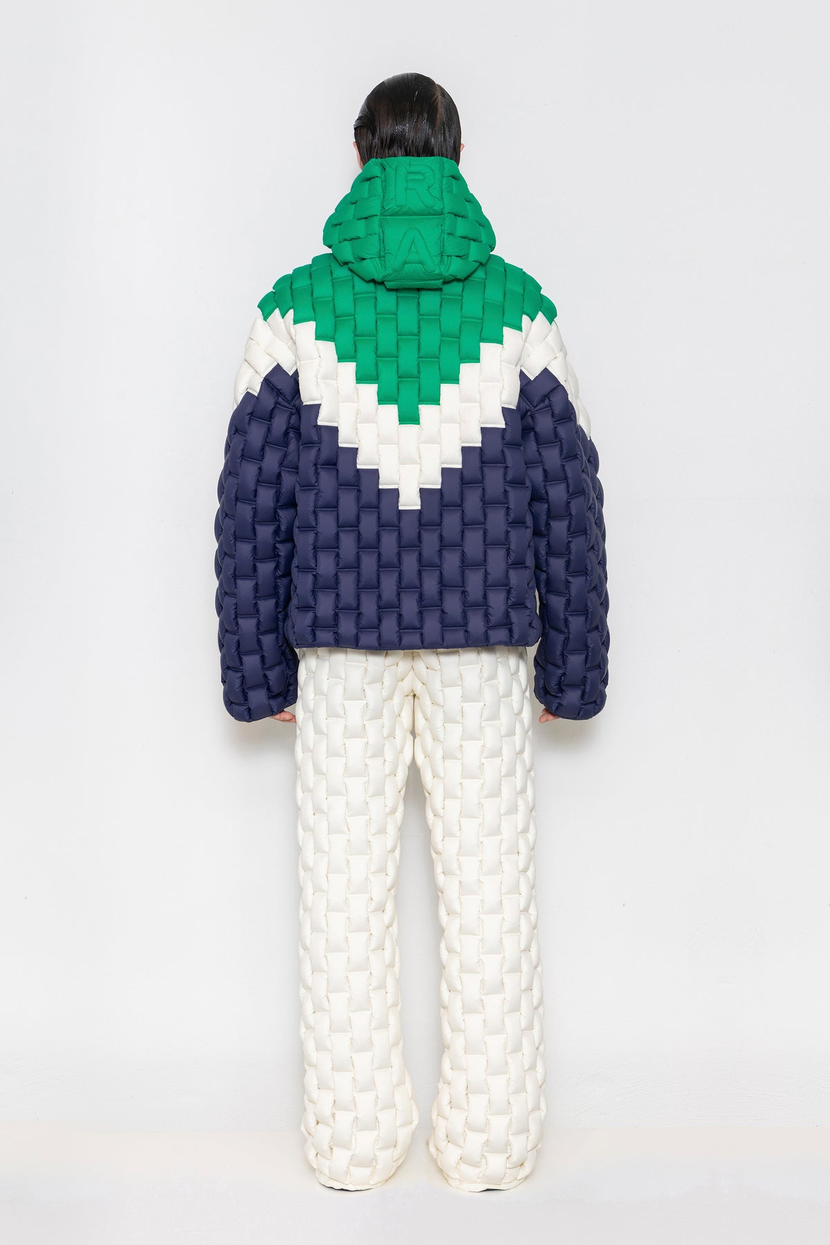 RAXXY TRICOLOR PATCHWORK TEXTURE HOODED GOOSE DOWN JACKET