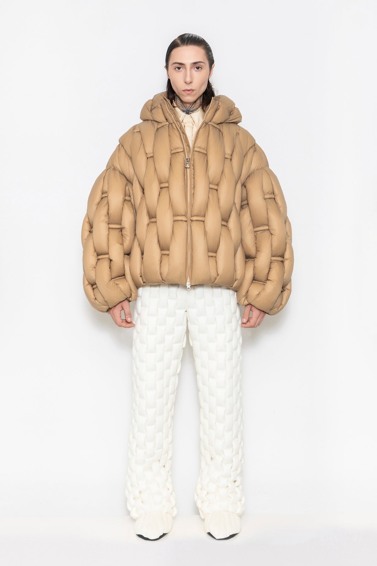 RAXXY BAMBOO WOVEN TEXTURE HOODED OVERSIZED GOOSE DOWN JACKET