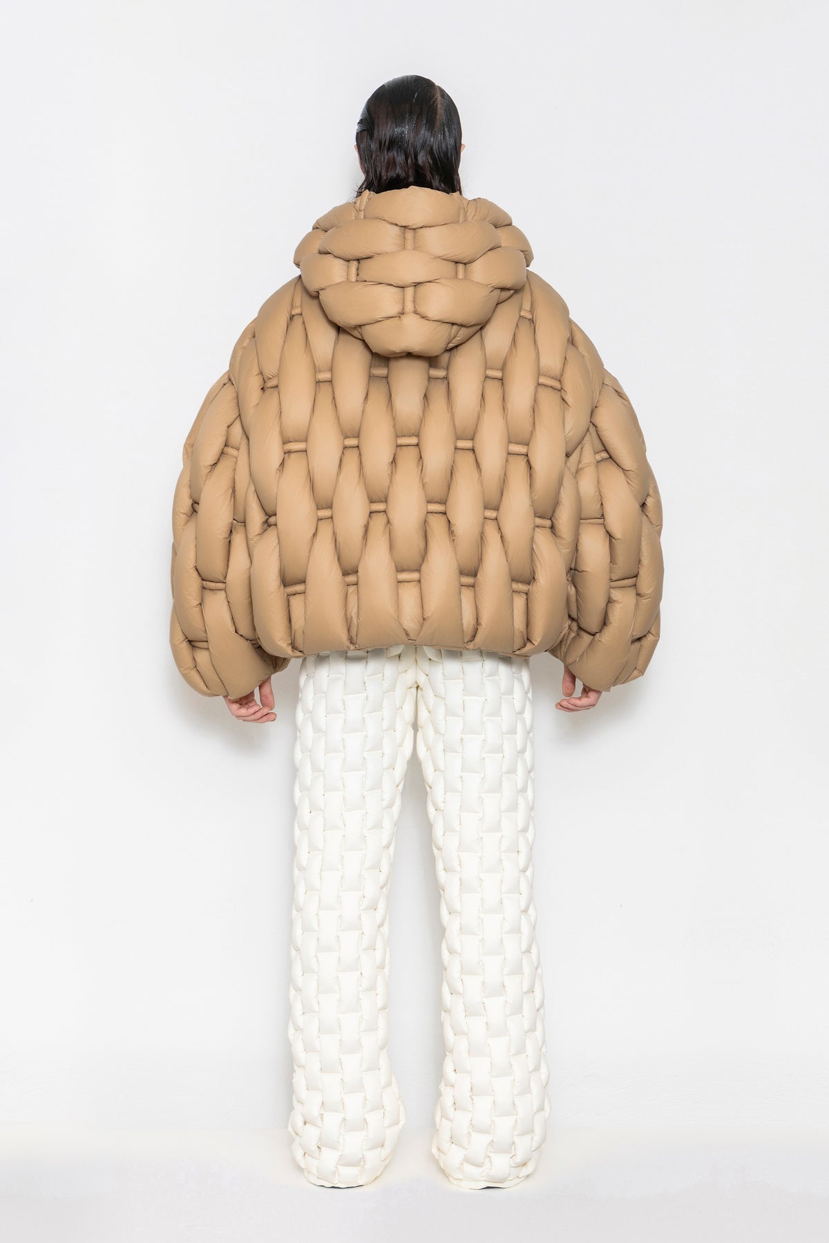 RAXXY BAMBOO WOVEN TEXTURE HOODED OVERSIZED GOOSE DOWN JACKET