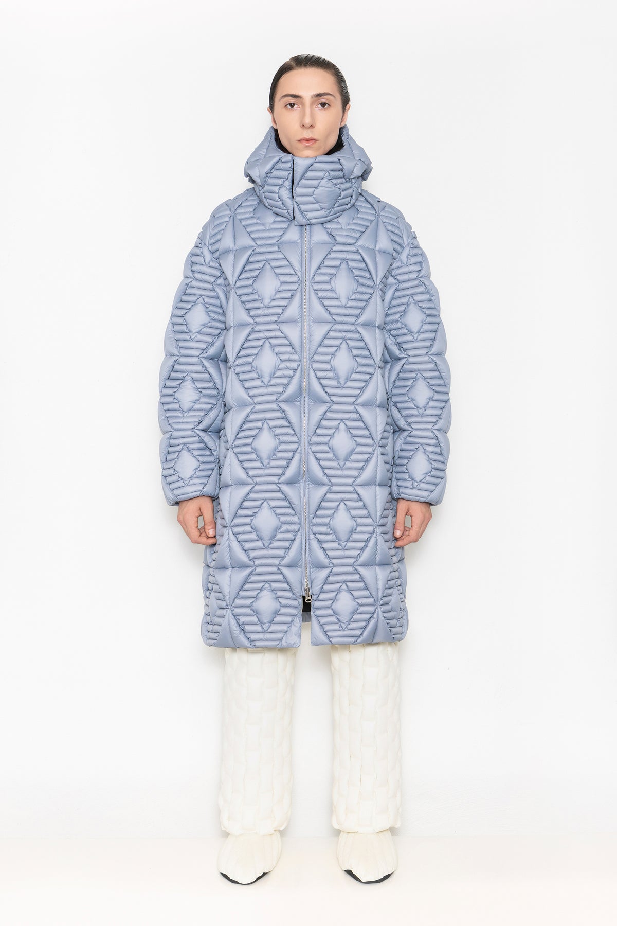 RAXXY QUILTED STRIPE LONG-LENGTH HOODED GOOSE DOWN COAT