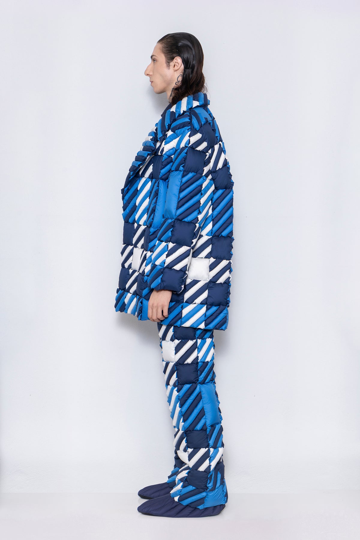 RAXXY DIAGONAL CHECK LAPEL GOOSE DOWN COAT