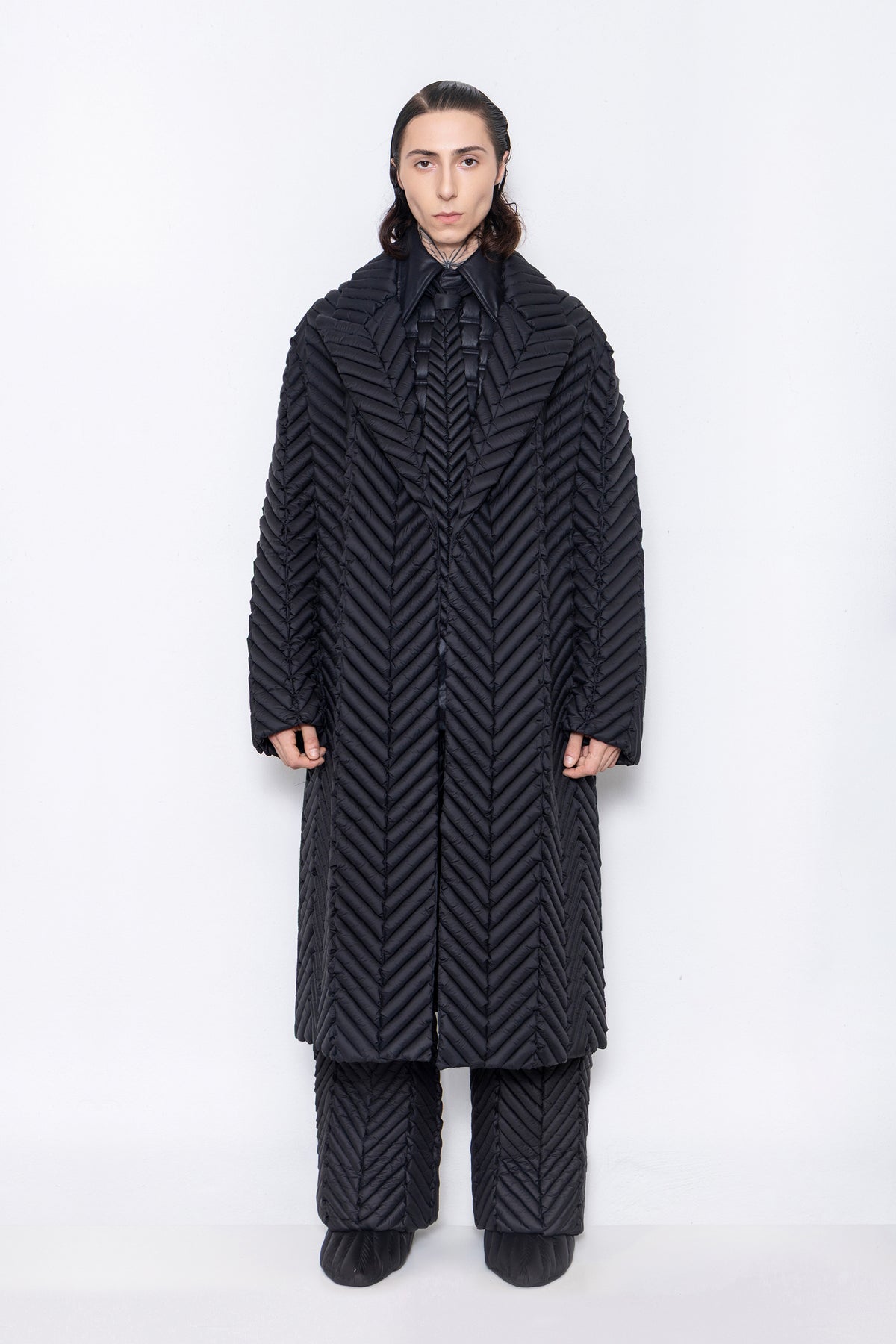 RAXXY HERRINGBONE PATTERN WOVEN NOTCH COLLAR GOOSE DOWN COAT