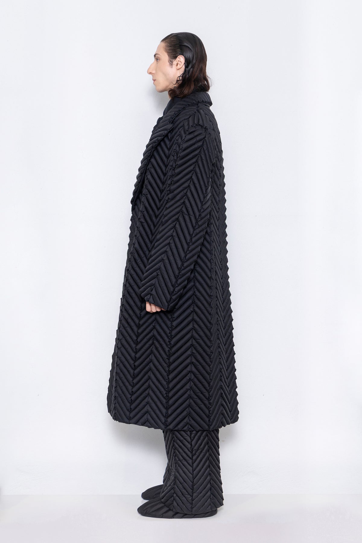 RAXXY HERRINGBONE PATTERN WOVEN NOTCH COLLAR GOOSE DOWN COAT