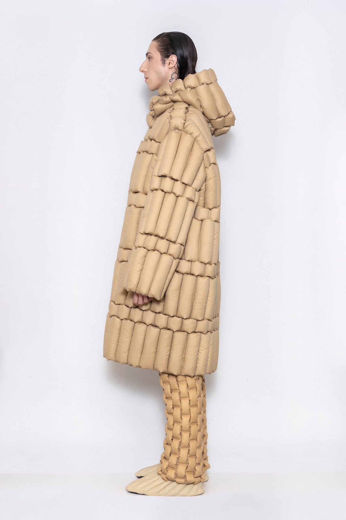 RAXXY CLASSIC SLUB LONG-LENGTH HOODED GOOSE DOWN JACKET