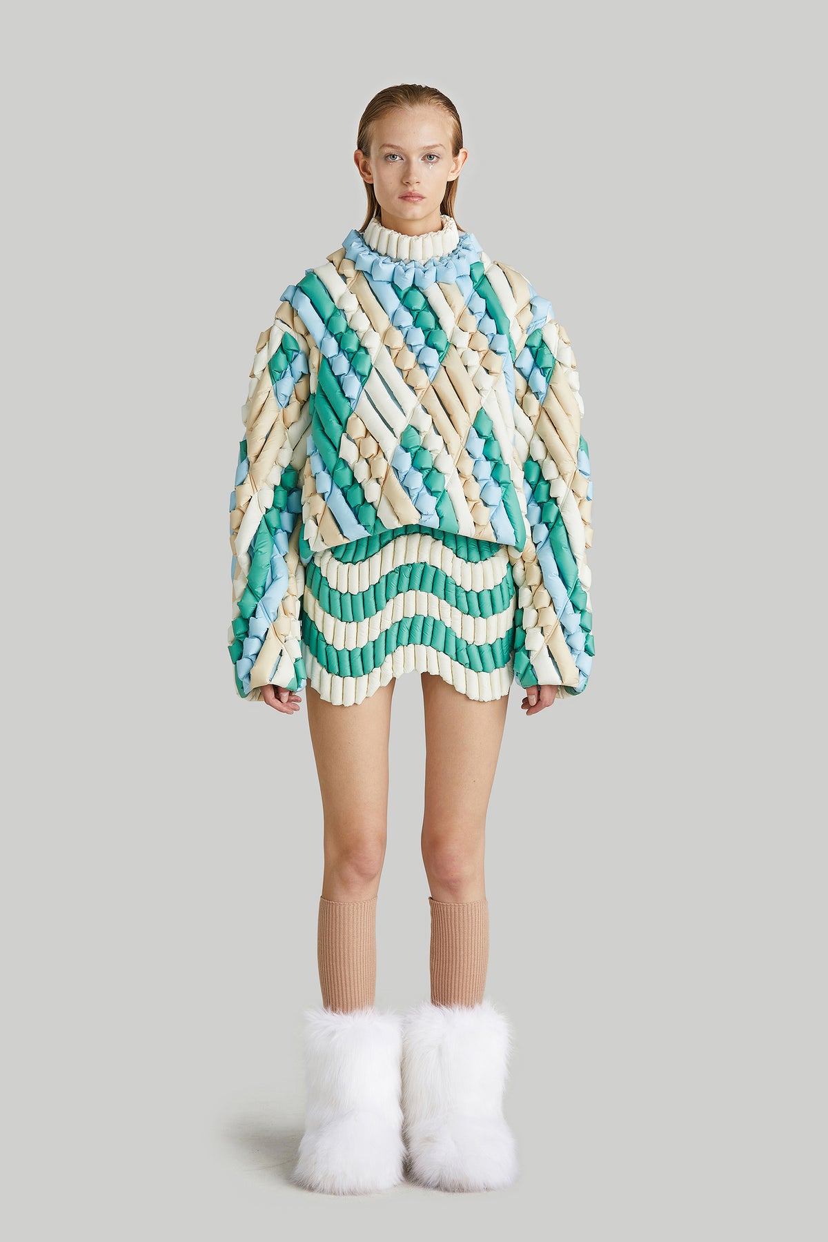 COLOR STRIPED KNIT GOOSE DOWN CREWNECK SWEATER