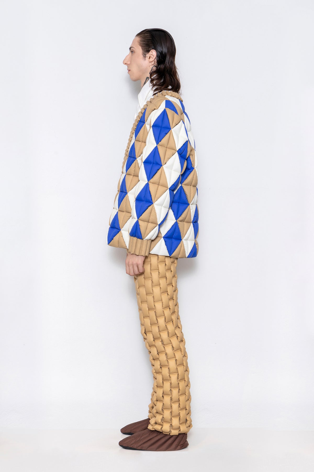 RAXXY QUILTED COLOR-BLOCKED V-NECK GOOSE DOWN CARDIGAN