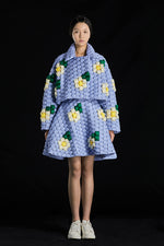 5-DIMENSIONAL TEXTURED BLUE WOVEN FLORAL GOOSE DOWN LAPEL JACKET