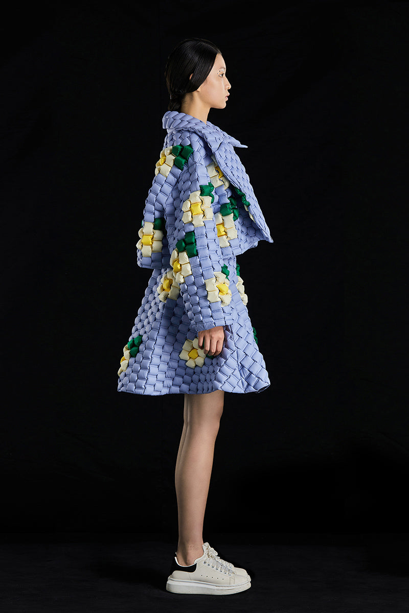 5-DIMENSIONAL TEXTURED BLUE WOVEN FLORAL GOOSE DOWN LAPEL JACKET