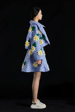 5-DIMENSIONAL TEXTURED BLUE WOVEN FLORAL GOOSE DOWN LAPEL JACKET