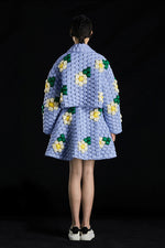 5-DIMENSIONAL TEXTURED BLUE WOVEN FLORAL GOOSE DOWN LAPEL JACKET