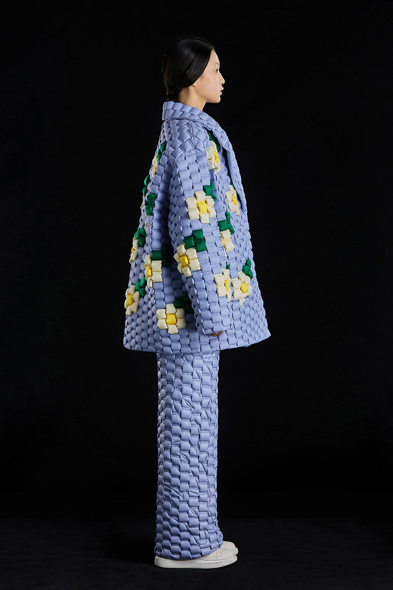 5-DIMENSIONAL TEXTURED BLUE WOVEN FLORAL GOOSE DOWN PARKA