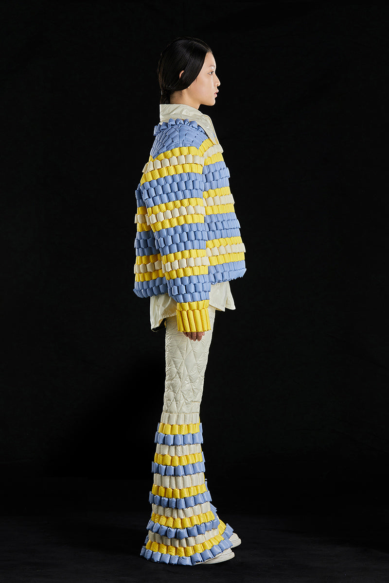 5-DIMENSIONAL TEXTURE COLORFUL JACQUARD CREWNECK GOOSE DOWN SWEATER