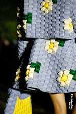 5-DIMENSIONAL TEXTURED BLUE WOVEN FLORAL GOOSE DOWN LAPEL JACKET