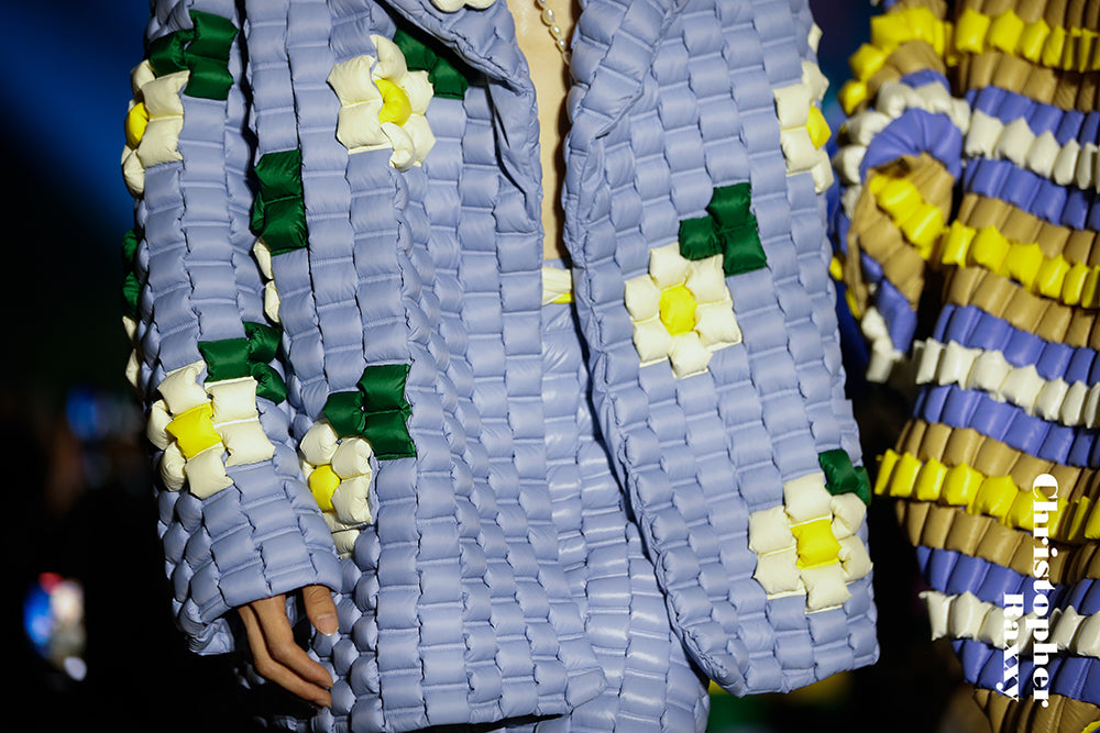 5-DIMENSIONAL TEXTURED BLUE WOVEN FLORAL GOOSE DOWN PARKA