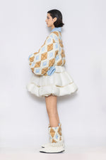 RAXXY COLORFUL DIAMOND PATTERN LANTERN SLEEVE GOOSE DOWN JACKET