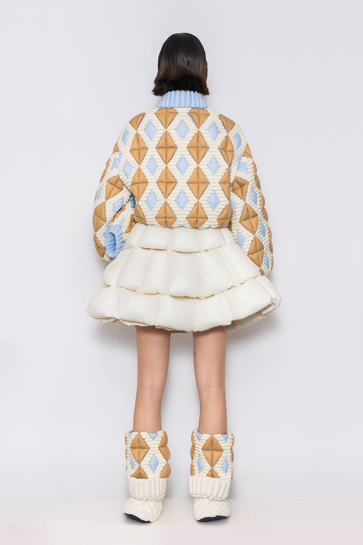 RAXXY COLORFUL DIAMOND PATTERN LANTERN SLEEVE GOOSE DOWN JACKET