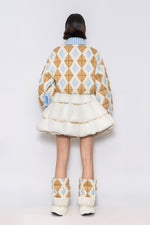 RAXXY COLORFUL DIAMOND PATTERN LANTERN SLEEVE GOOSE DOWN JACKET