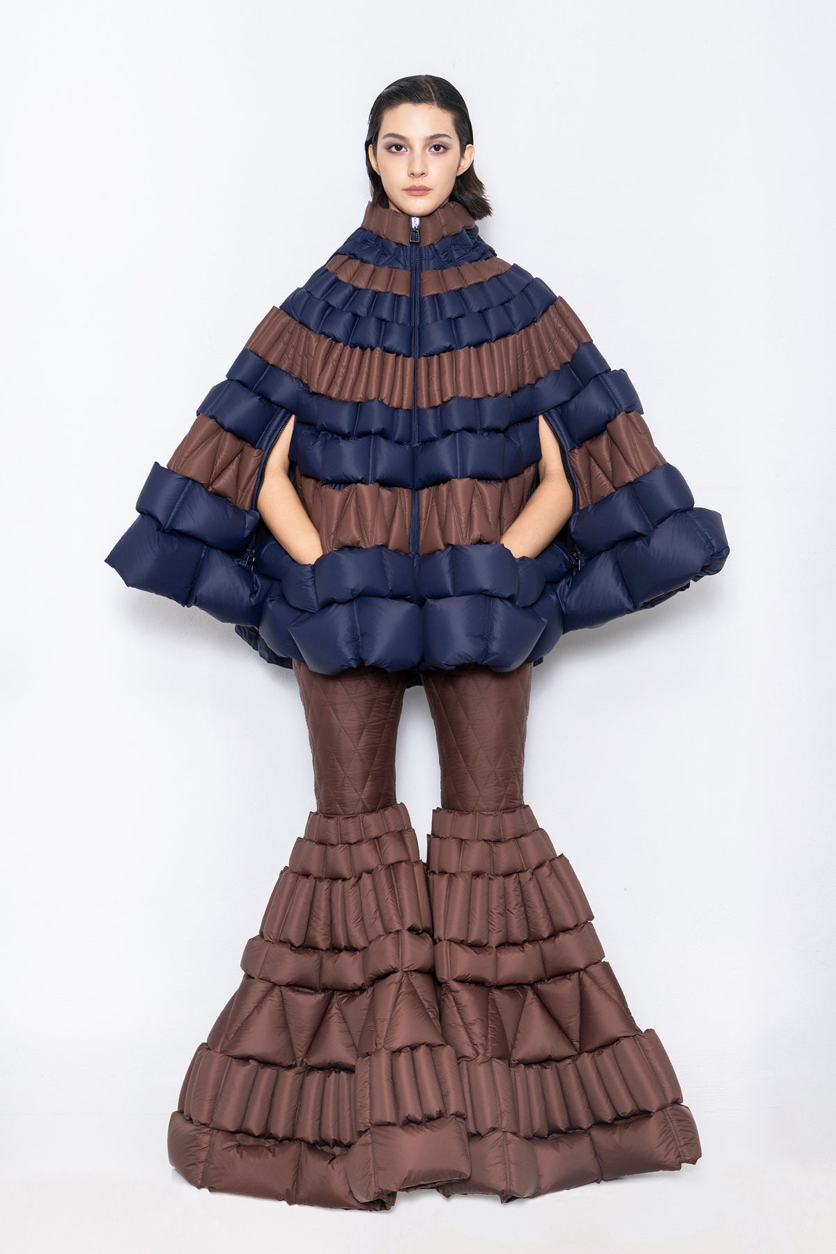 RAXXY CLASSIC COLOR-BLOCKED CASUAL HOODED GOOSE DOWN CAPE