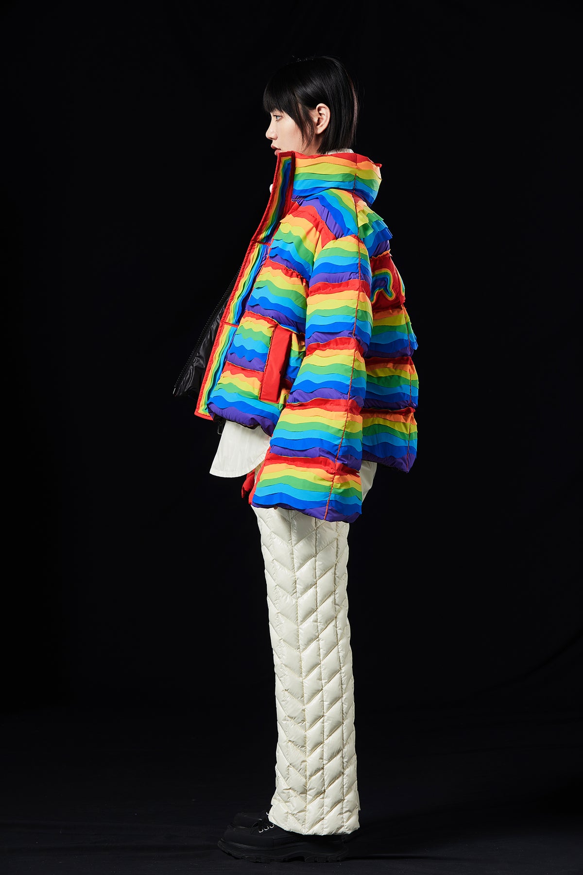 SILHOUETTE PAPER-CUT CRAFTSMANSHIP RAINBOW COLOR LAYERED EFFECT GOOSE DOWN JACKET