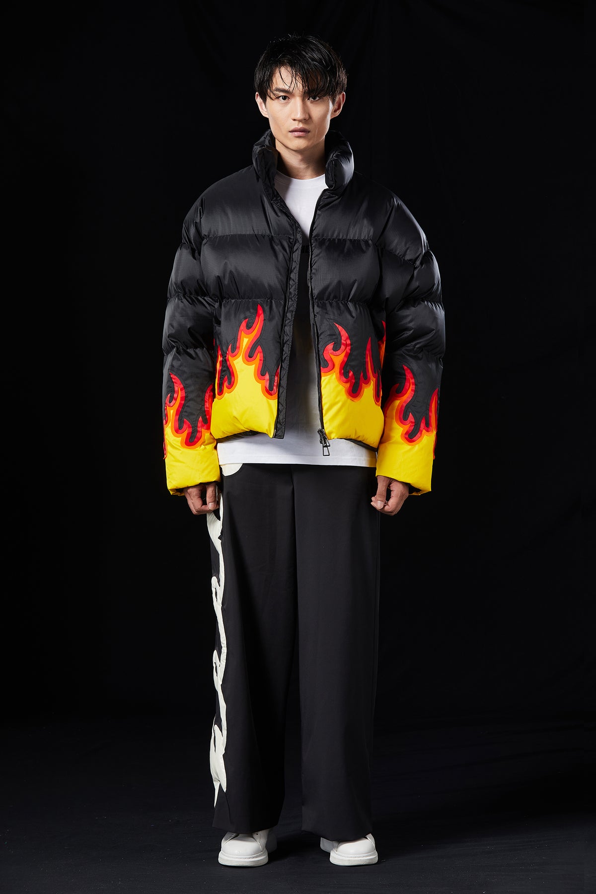 “BURNING" PAPER-CUT CRAFT FLAME SILHOUETTE GOOSE DOWN JACKET