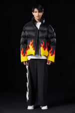“BURNING" PAPER-CUT CRAFT FLAME SILHOUETTE GOOSE DOWN JACKET