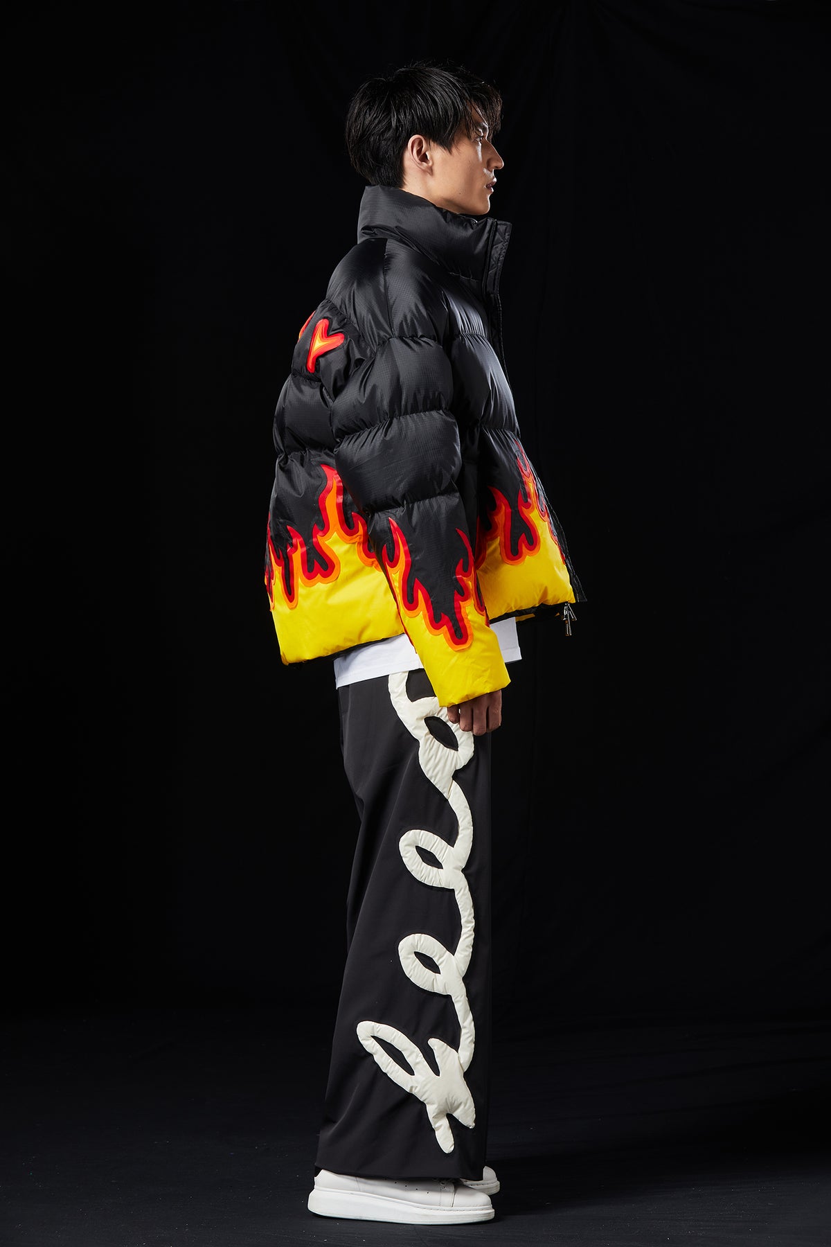 “BURNING" PAPER-CUT CRAFT FLAME SILHOUETTE GOOSE DOWN JACKET