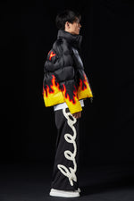 “BURNING" PAPER-CUT CRAFT FLAME SILHOUETTE GOOSE DOWN JACKET