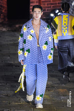 5-DIMENSIONAL TEXTURED BLUE WOVEN FLORAL GOOSE DOWN PARKA