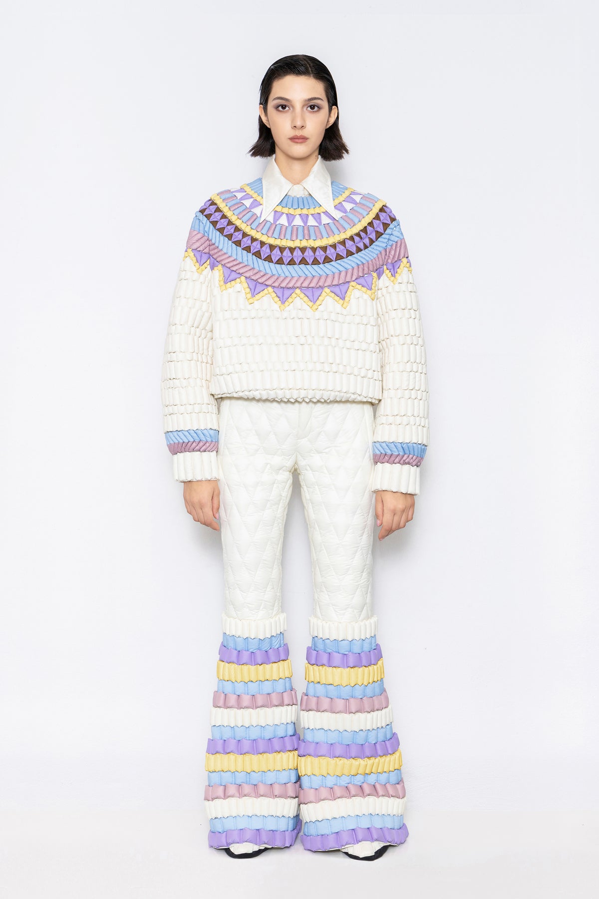 RAXXY “COLORFUL LEGEND” FAIR ISLE TEXTURE CREW NECK GOOSE DOWN SWEATER