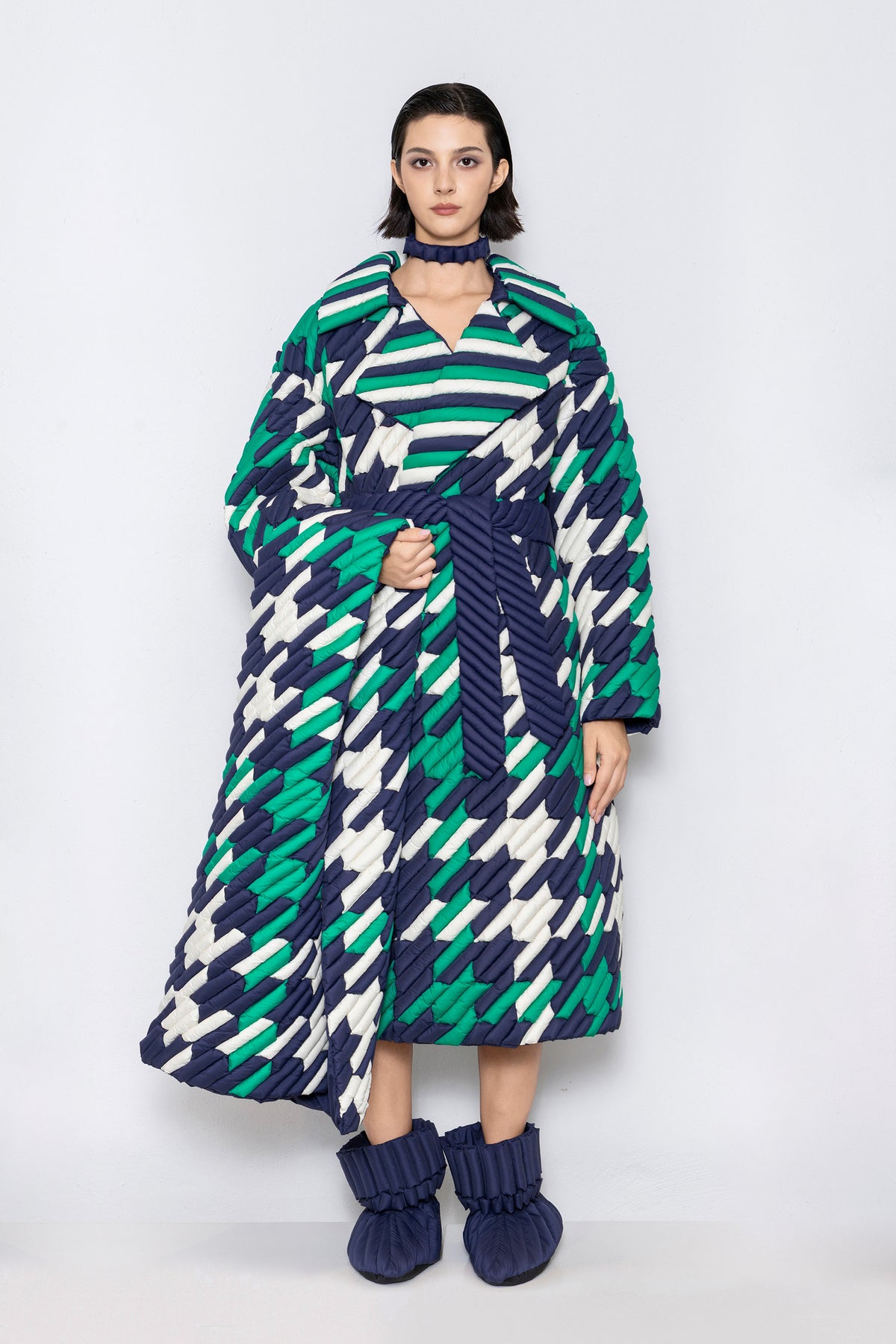 RAXXY CLASSIC HOUNDSTOOTH TEXTURE LAPEL GOOSE DOWN COAT
