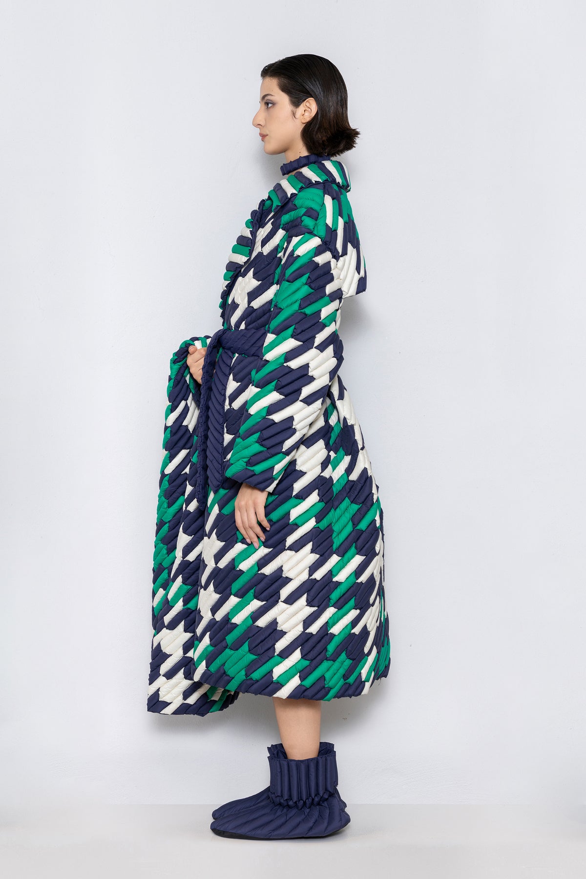 RAXXY CLASSIC HOUNDSTOOTH TEXTURE LAPEL GOOSE DOWN COAT