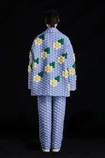 5-DIMENSIONAL TEXTURED BLUE WOVEN FLORAL GOOSE DOWN PARKA