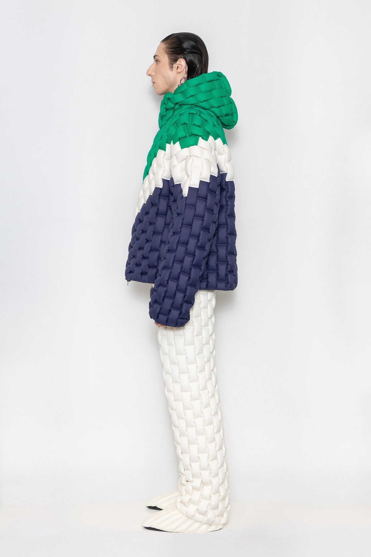 RAXXY TRICOLOR PATCHWORK TEXTURE HOODED GOOSE DOWN JACKET