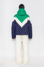 RAXXY TRICOLOR PATCHWORK TEXTURE HOODED GOOSE DOWN JACKET