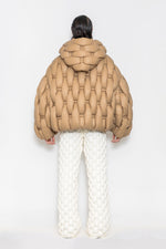 RAXXY BAMBOO WOVEN TEXTURE HOODED OVERSIZED GOOSE DOWN JACKET