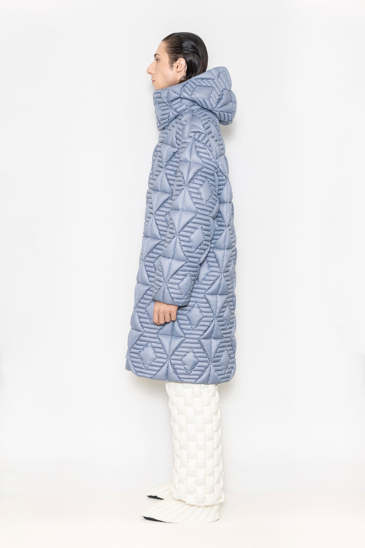RAXXY QUILTED STRIPE LONG-LENGTH HOODED GOOSE DOWN COAT