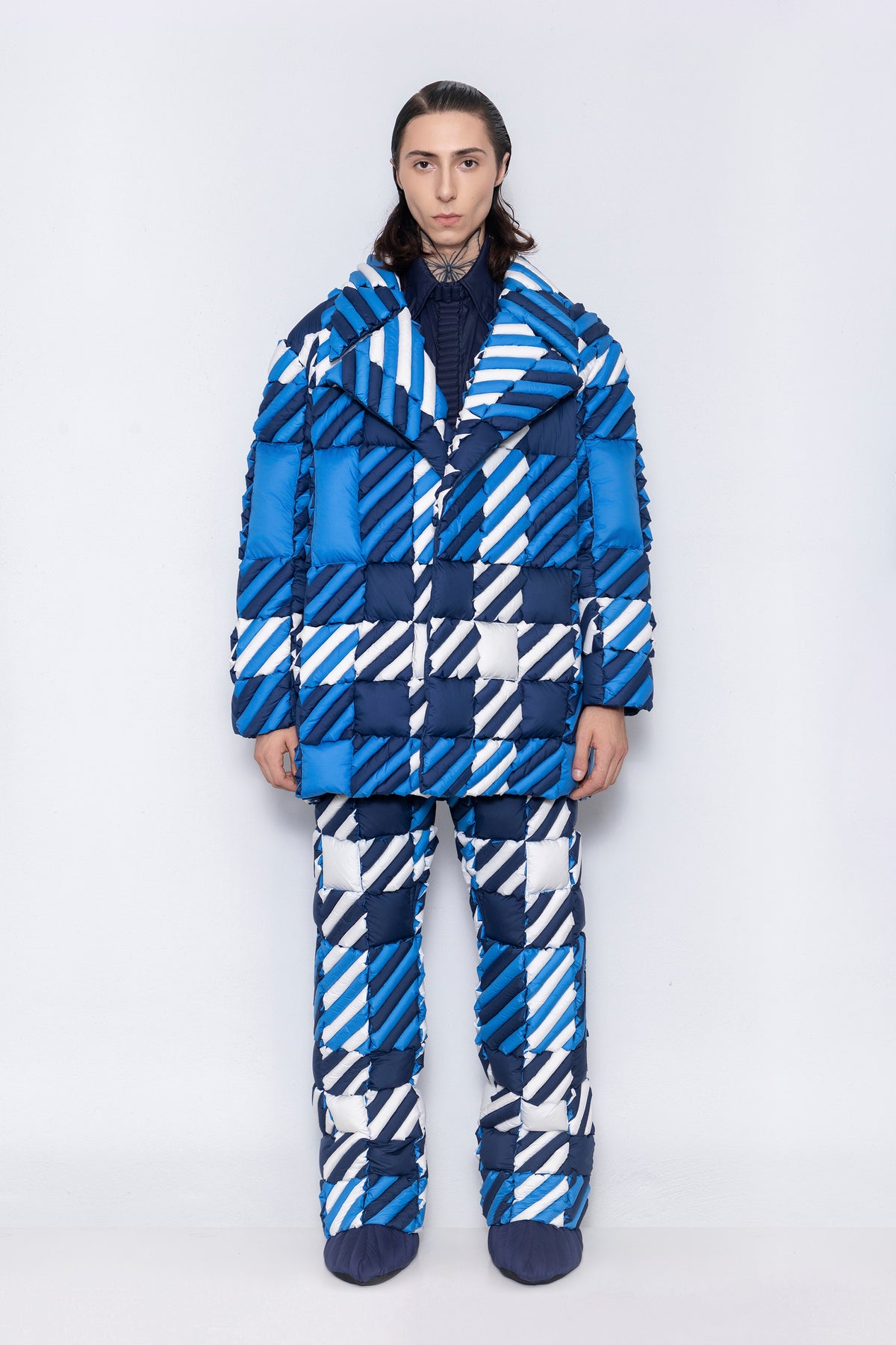 RAXXY DIAGONAL CHECK LAPEL GOOSE DOWN COAT