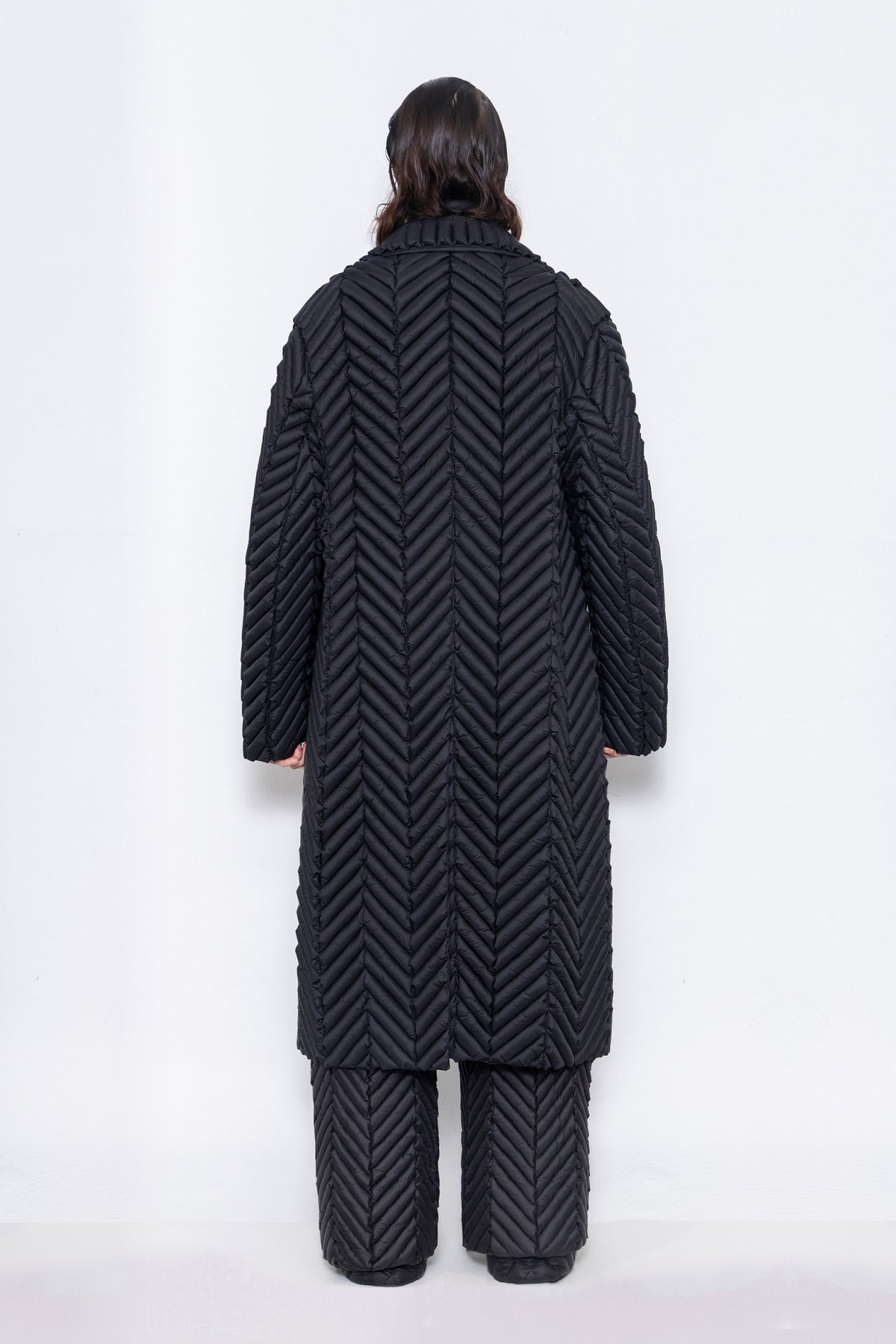 RAXXY HERRINGBONE PATTERN WOVEN NOTCH COLLAR GOOSE DOWN COAT