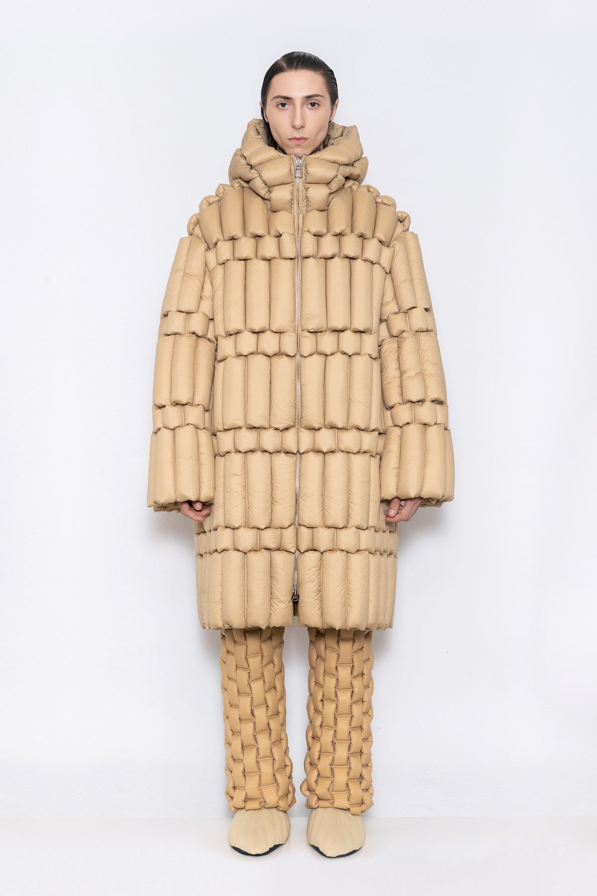 RAXXY CLASSIC SLUB LONG-LENGTH HOODED GOOSE DOWN JACKET