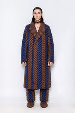 RAXXY COLOR-BLOCKED HERRINGBONE PATTERN LONG-LENGTH GOOSE DOWN COAT